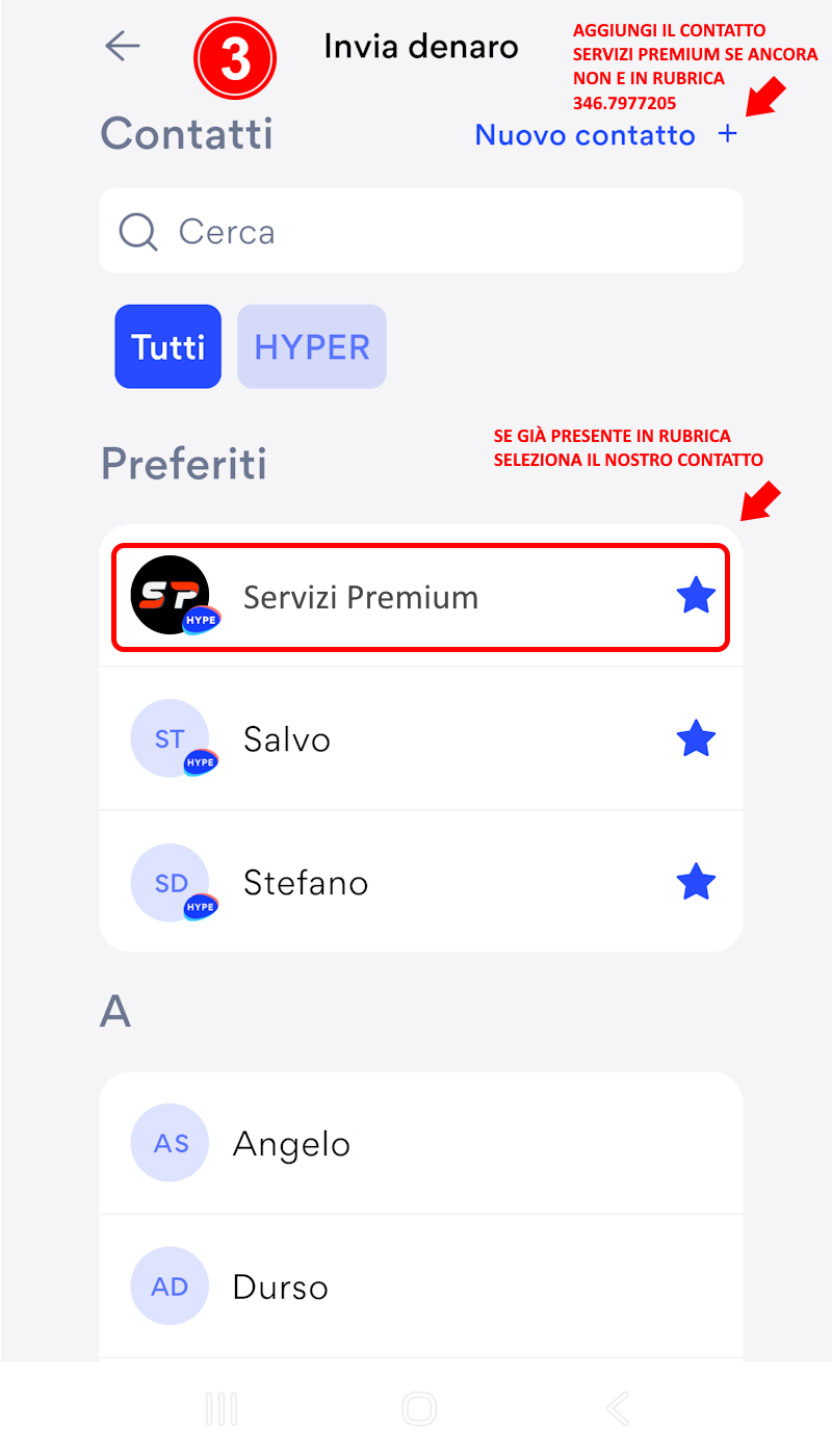 Schermata contatti